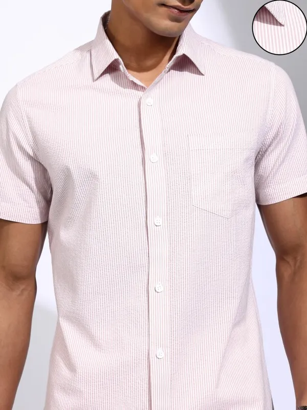 Locomotive Men Pink Striped Regular Fit Casual Shirt