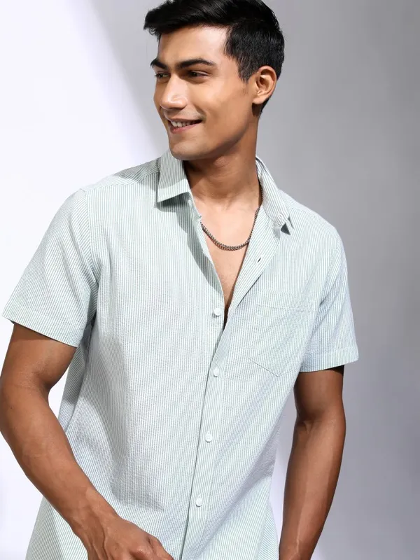 Locomotive Men Teal Striped Regular Fit Casual Shirt