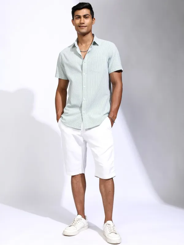 Locomotive Men Teal Striped Regular Fit Casual Shirt