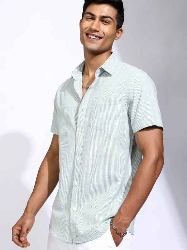 Locomotive Men Teal Striped Regular Fit Casual Shirt