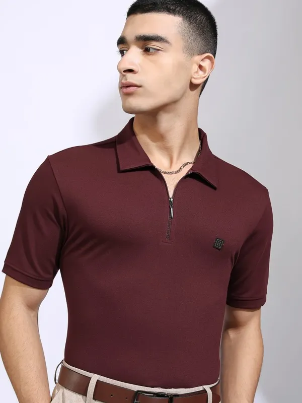 Highlander Men Maroon Solid Polo Collar T-Shirt