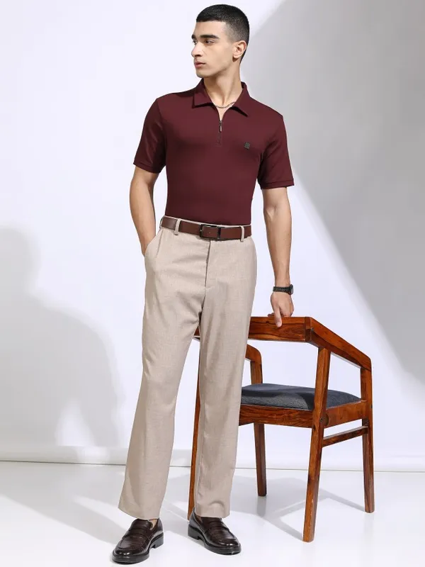 Highlander Men Maroon Solid Polo Collar T-Shirt