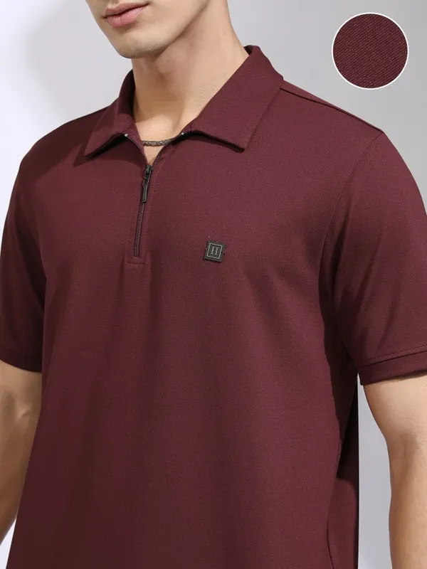 Highlander Men Maroon Solid Polo Collar T-Shirt
