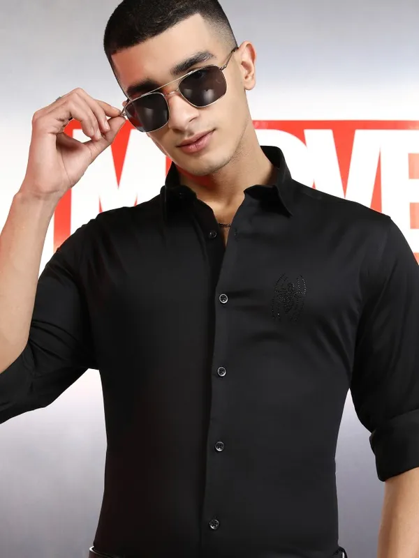 Marvel By Highlander Men Black Spider-Man Embellished Slim Fit Casual Shirt