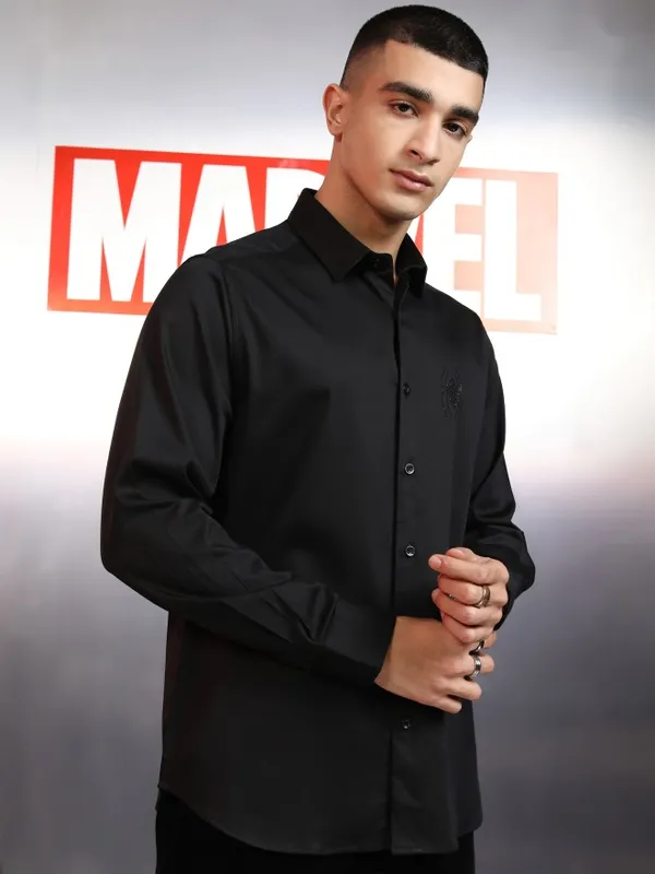 Marvel By Highlander Men Black Spider-Man Embellished Slim Fit Casual Shirt