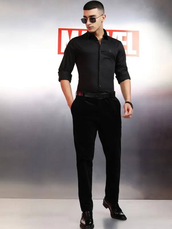 Marvel By Highlander Men Black Spider-Man Embellished Slim Fit Casual Shirt