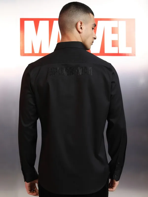 Marvel By Highlander Men Black Spider-Man Embellished Slim Fit Casual Shirt