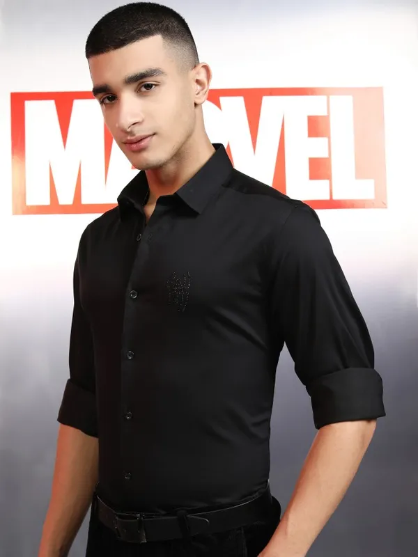 Marvel By Highlander Men Black Spider-Man Embellished Slim Fit Casual Shirt