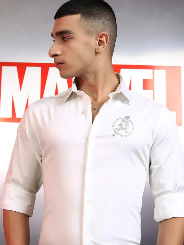 Marvel By Highlander Men White Avengers Embellished Slim Fit Casual Shirt