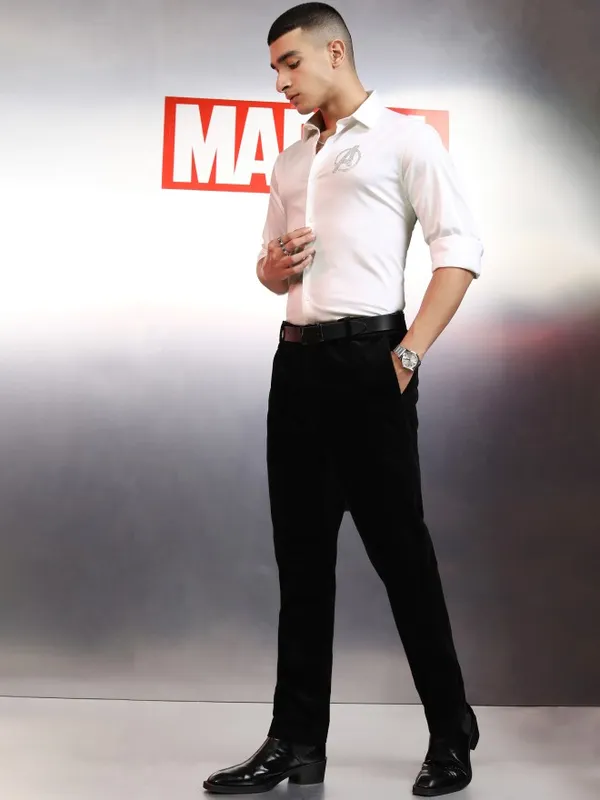 Marvel By Highlander Men White Avengers Embellished Slim Fit Casual Shirt