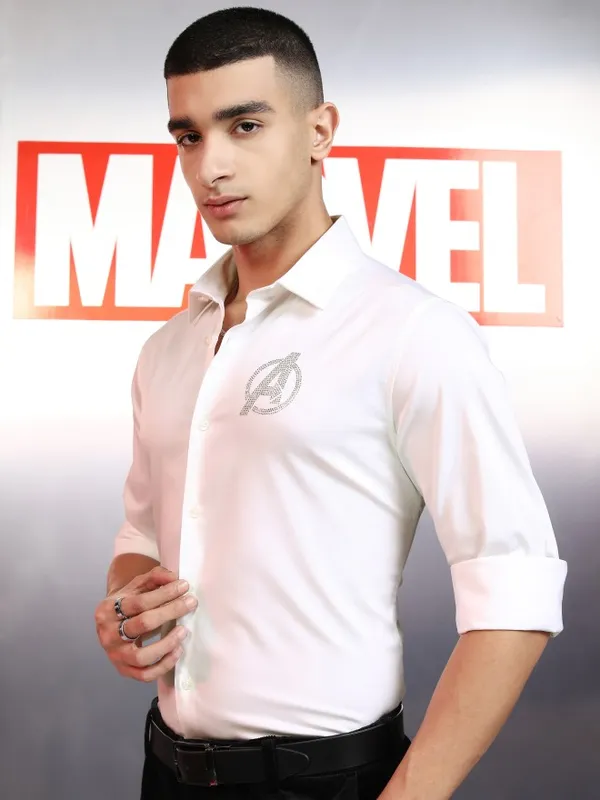 Marvel By Highlander Men White Avengers Embellished Slim Fit Casual Shirt