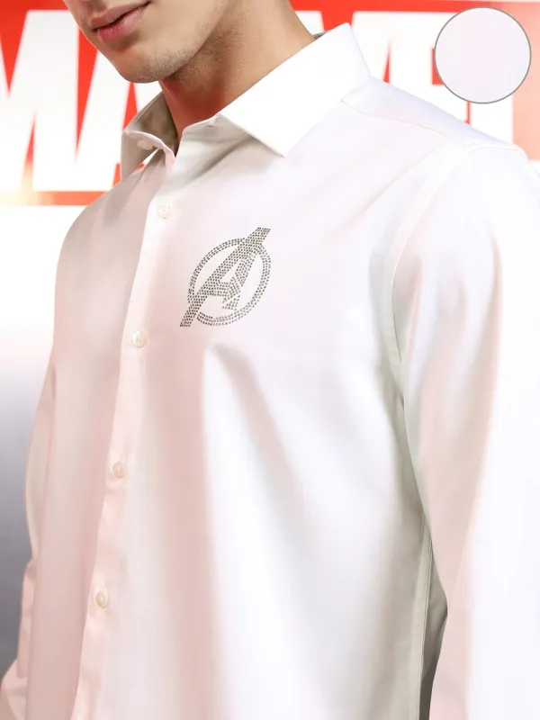 Marvel By Highlander Men White Avengers Embellished Slim Fit Casual Shirt