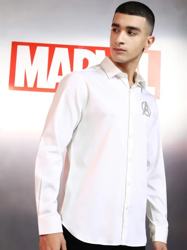 Marvel By Highlander Men White Avengers Embellished Slim Fit Casual Shirt