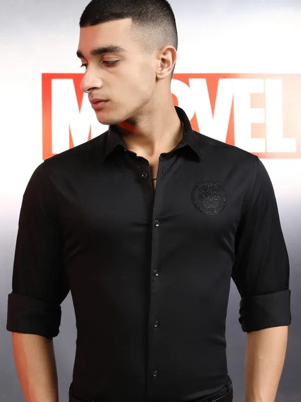 Marvel By Highlander Men Black Black Panther Embellished Slim Fit Casual Shirt