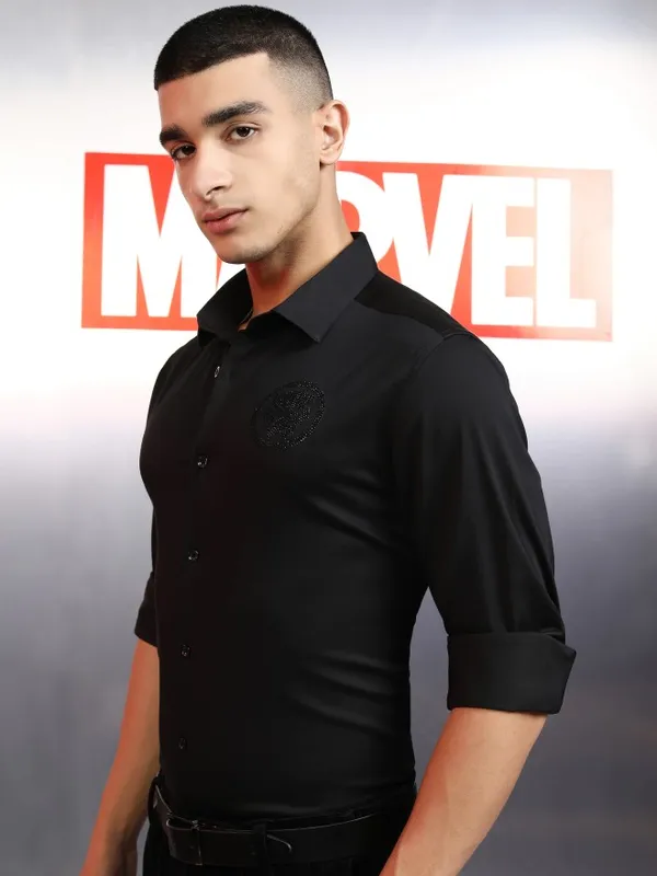 Marvel By Highlander Men Black Black Panther Embellished Slim Fit Casual Shirt