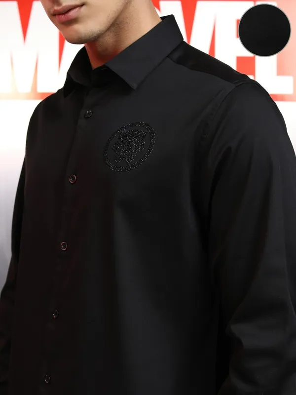 Marvel By Highlander Men Black Black Panther Embellished Slim Fit Casual Shirt
