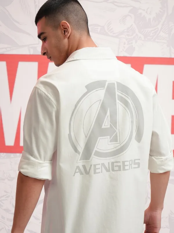 Marvel By Highlander Men White Avengers Printed Oversized Fit Casual Shirt