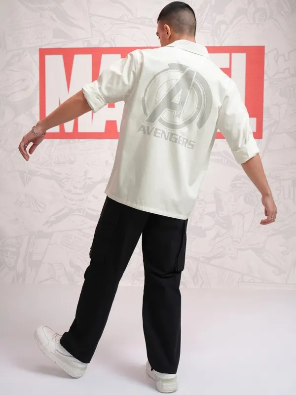 Marvel By Highlander Men White Avengers Printed Oversized Fit Casual Shirt