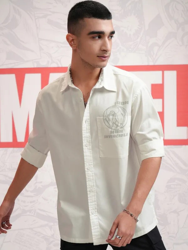 Marvel By Highlander Men White Avengers Printed Oversized Fit Casual Shirt