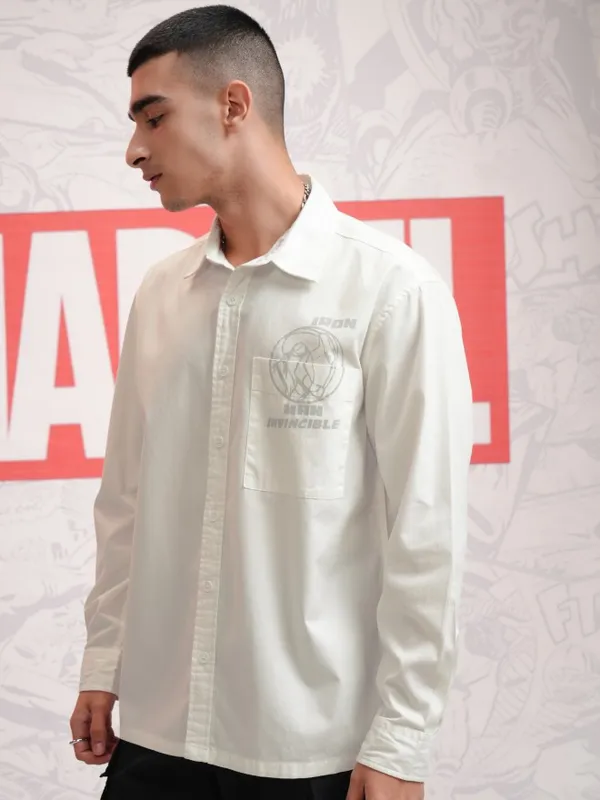 Marvel By Highlander Men White Avengers Printed Oversized Fit Casual Shirt
