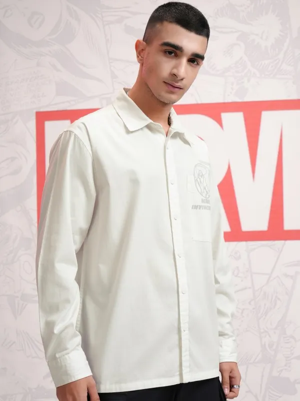 Marvel By Highlander Men White Avengers Printed Oversized Fit Casual Shirt