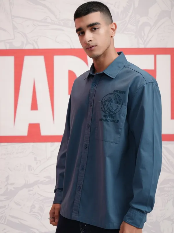 Marvel By Highlander Men Blue Avengers Printed Oversized Fit Casual Shirt