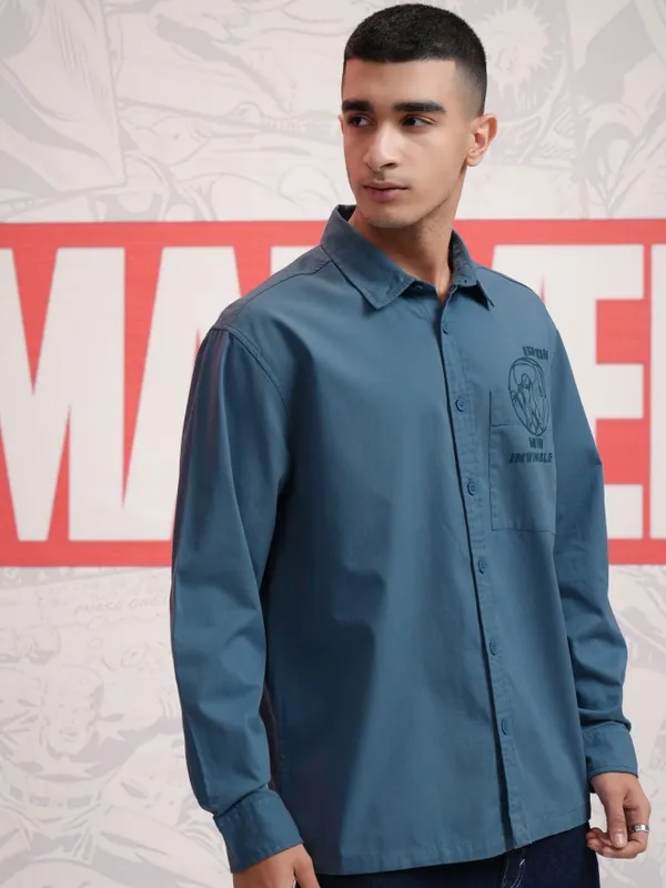 Marvel By Highlander Men Blue Avengers Printed Oversized Fit Casual Shirt