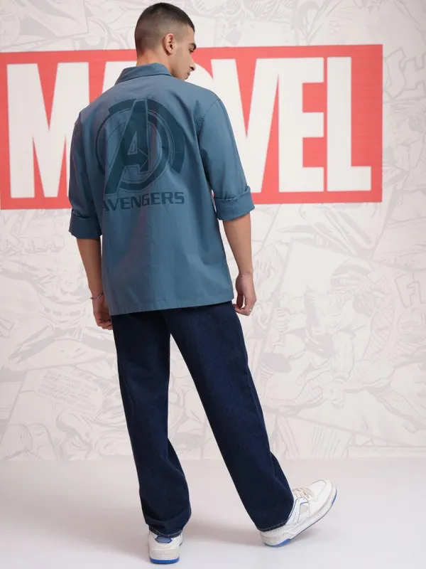 Marvel By Highlander Men Blue Avengers Printed Oversized Fit Casual Shirt