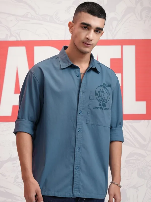 Marvel By Highlander Men Blue Avengers Printed Oversized Fit Casual Shirt