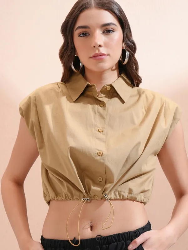 Tokyo Talkies Women Beige Solid Shirt Style Top