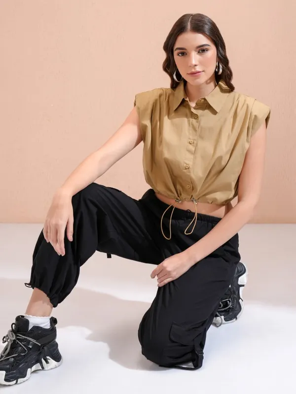 Tokyo Talkies Women Beige Solid Shirt Style Top