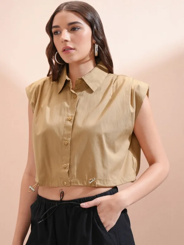 Tokyo Talkies Women Beige Solid Shirt Style Top