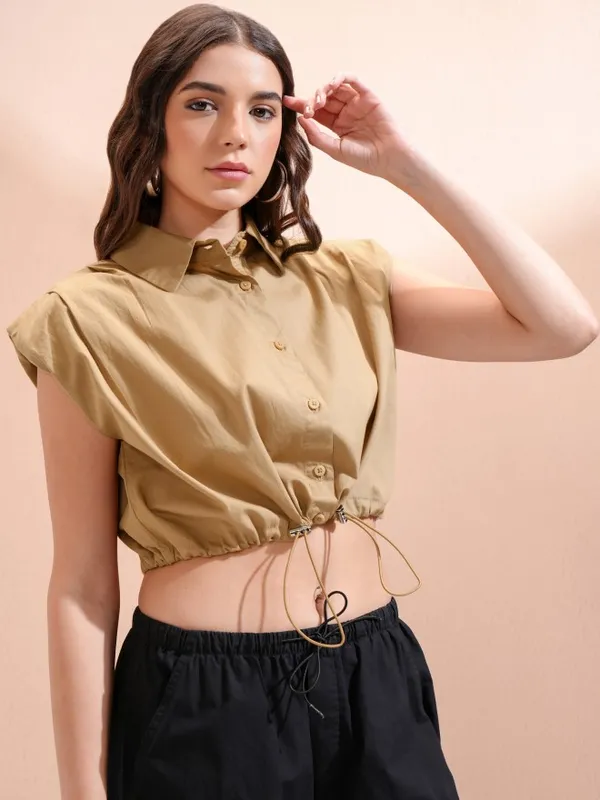 Tokyo Talkies Women Beige Solid Shirt Style Top