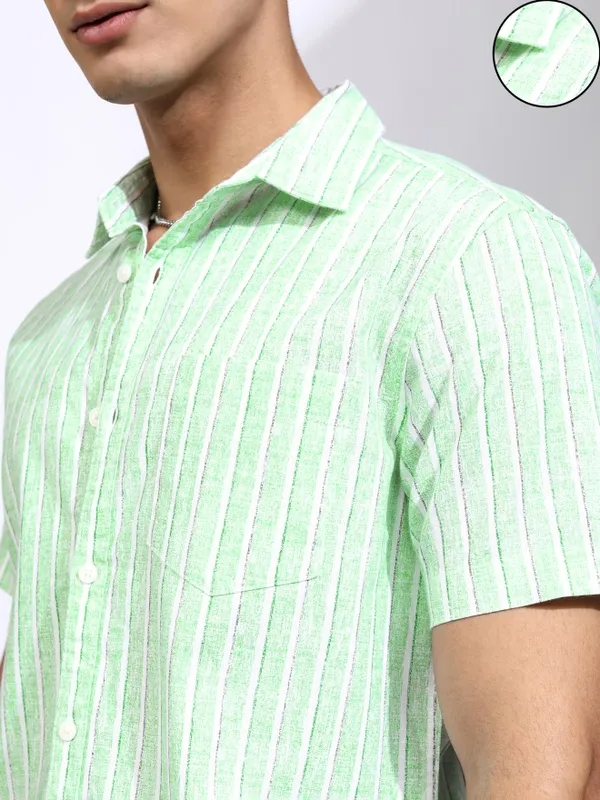 Highlander Men Green Striped Regular Fit Casual Shirt