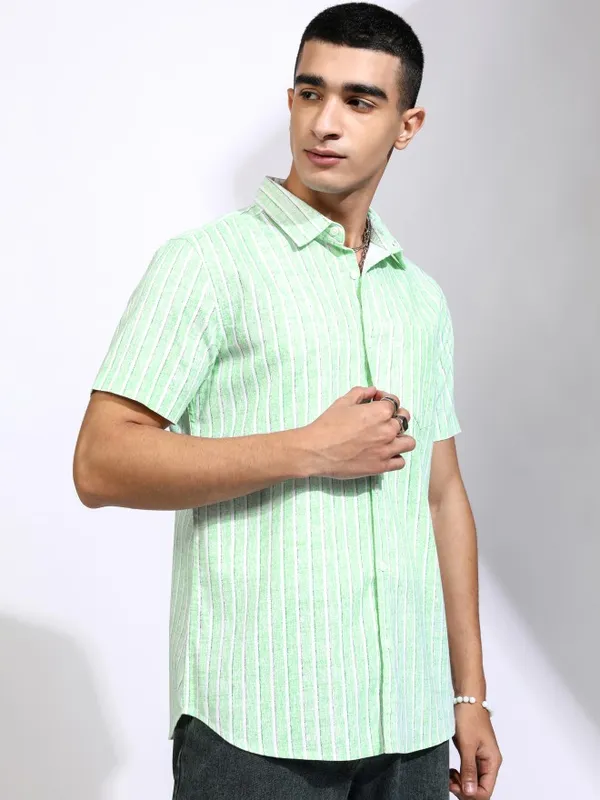 Highlander Men Green Striped Regular Fit Casual Shirt