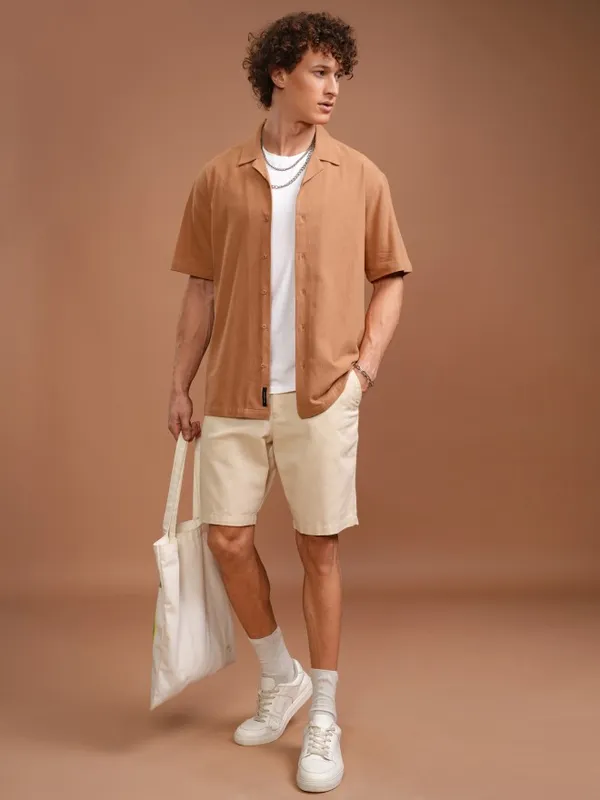 Highlander Men Orange Solid Relaxed Fit Casual Shirt