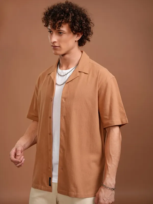 Highlander Men Orange Solid Relaxed Fit Casual Shirt