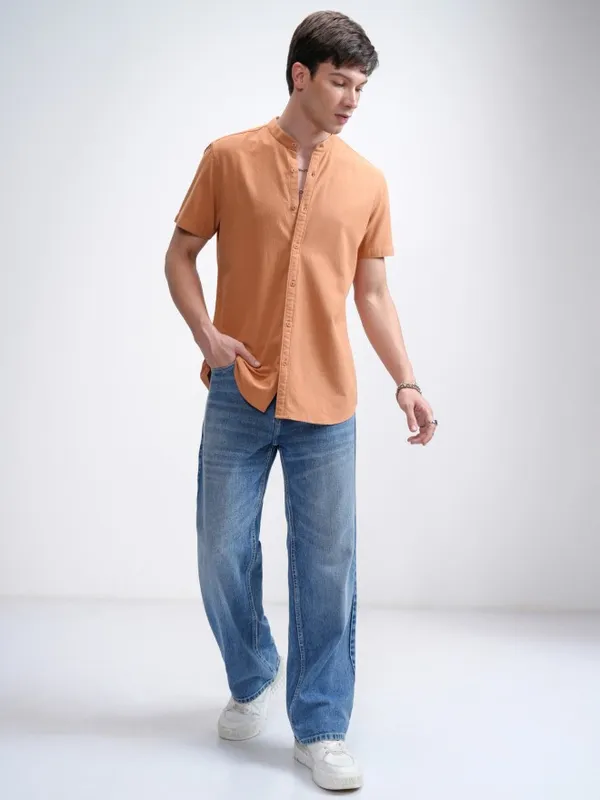Highlander Men Orange Textured Regular Fit Casual Shirt
