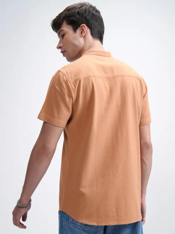 Highlander Men Orange Textured Regular Fit Casual Shirt