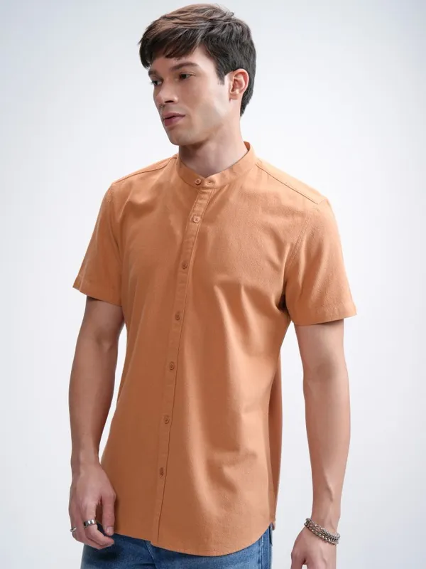 Highlander Men Orange Textured Regular Fit Casual Shirt
