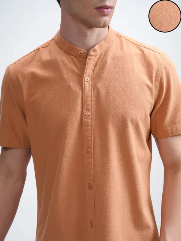 Highlander Men Orange Textured Regular Fit Casual Shirt