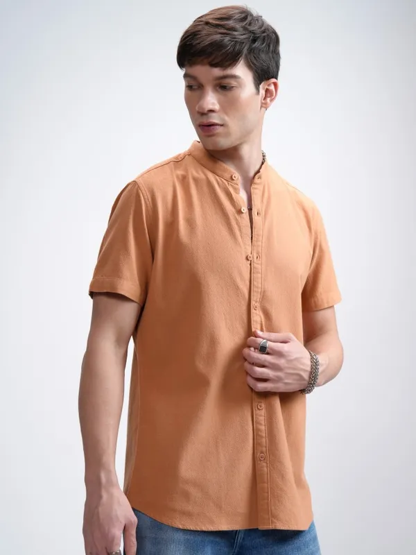 Highlander Men Orange Textured Regular Fit Casual Shirt