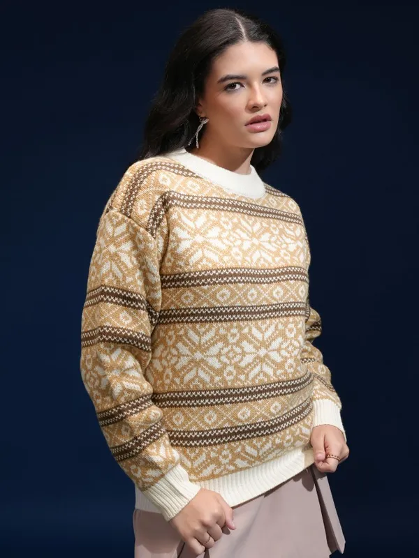 Tokyo Talkies Women Beige Round Neck Sweater