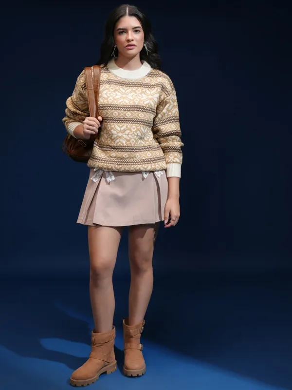 Tokyo Talkies Women Beige Round Neck Oversized Fit Sweater