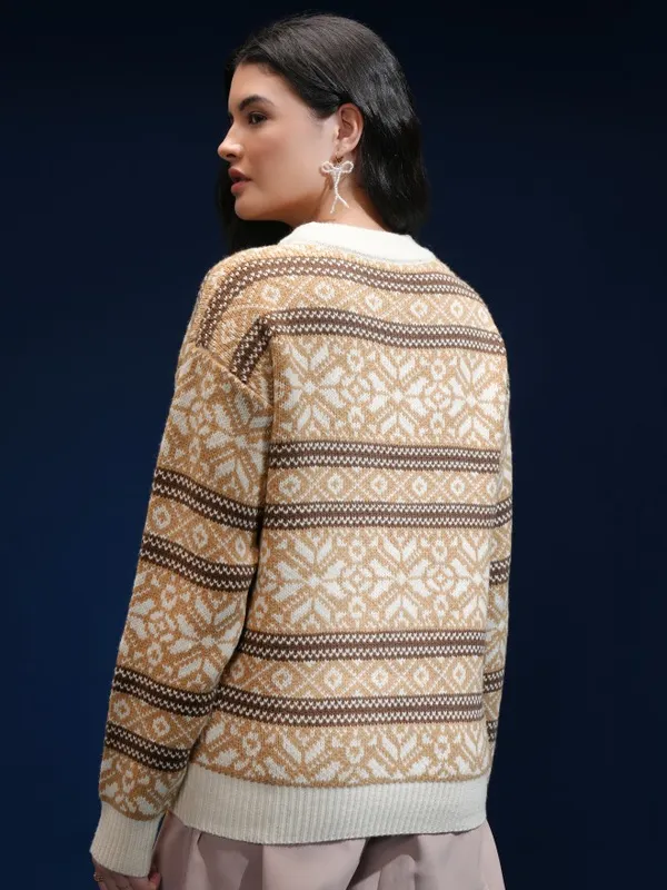 Tokyo Talkies Women Beige Round Neck Oversized Fit Sweater