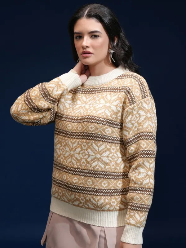 Tokyo Talkies Women Beige Round Neck Oversized Fit Sweater