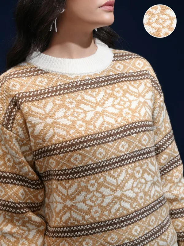 Tokyo Talkies Women Beige Round Neck Oversized Fit Sweater