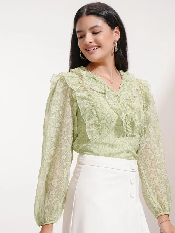 Tokyo Talkies Women Green Printed Blouson Top