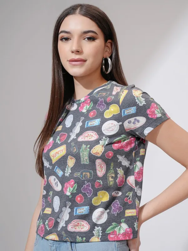 Tokyo Talkies Women Black Printed Round Neck T-Shirt