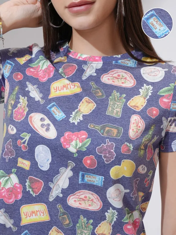 Tokyo Talkies Women Navy Blue Printed Round Neck T-Shirt